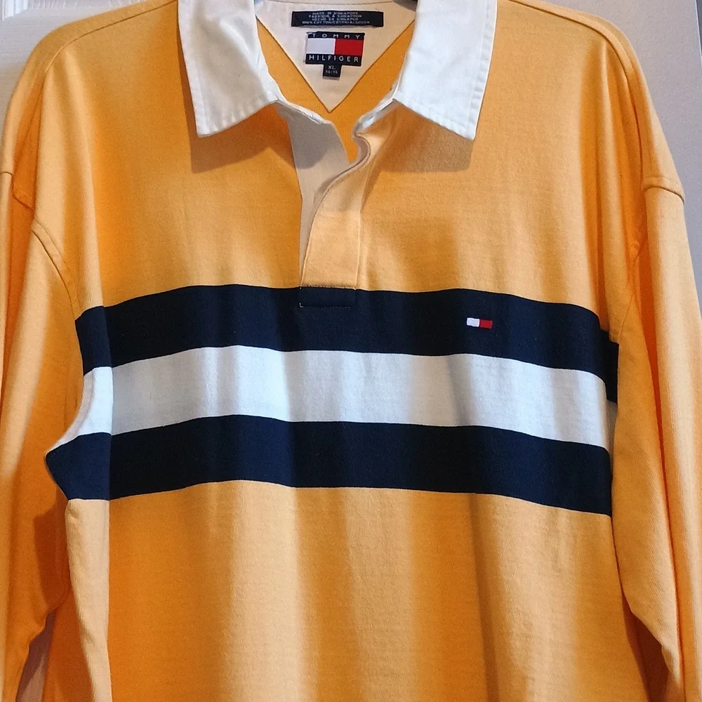 Tommy Hilfiger Men's Long Sleeve‎ Rugby Shirt Yellow Navy White Stripe XL - Picture 3 of 9